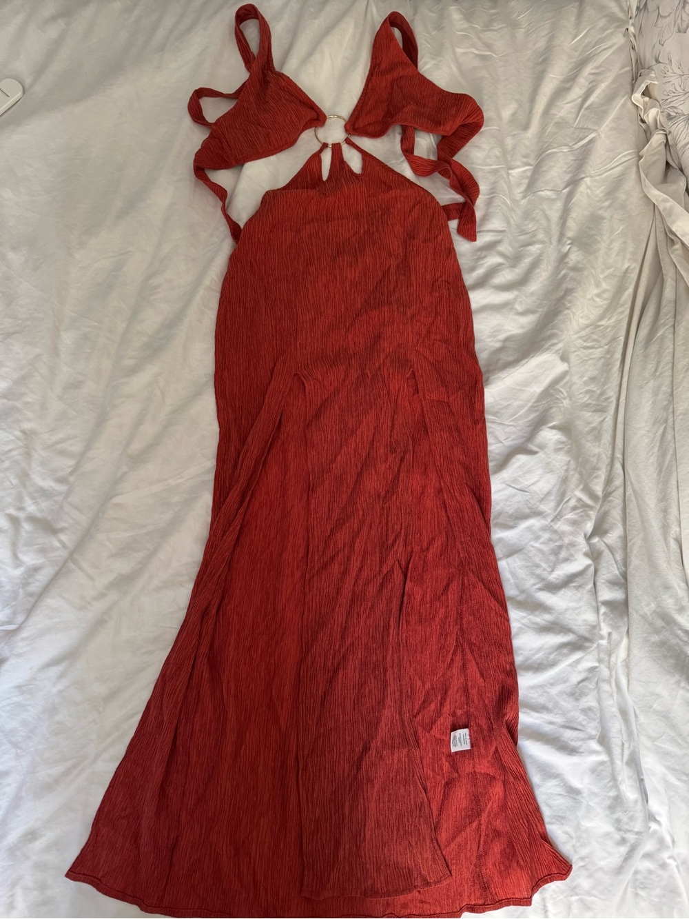 Meshki Red Cutout Tie-Back Maxi Dress